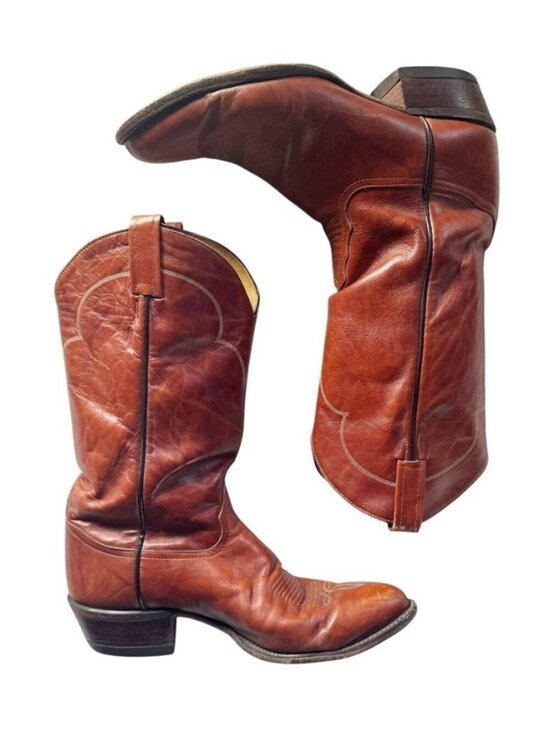 VTG Tony Lama Mens Size 10.5 B Cognac Brown Leather Western Cowboy Boots #5084 main image 10